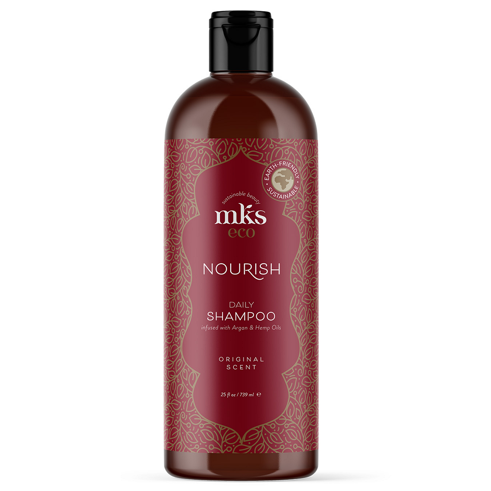 MKS ECO Nourish 739 ml – nawilżający szampon bez siarczanów z olejkiem arganowym, który delikatnie oczyszcza, intensywnie nawilża włosy i przywraca im zdrowy, naturalny blask."