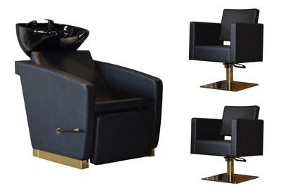 Zestaw Fryzjerski - 2 Fotele MODENA ZŁOTE + Myjnia VASTO ZŁOTA